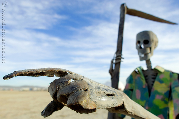 Life size welded skeleton art on playa