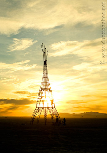 Beautiful desert sunrise creating the contours of Elevation tower at Burning Man festival