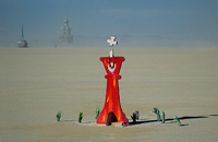 Red base with green rising hands and floating cross