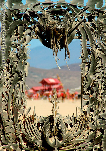 very detailed metal frame looking at temple of dreams
