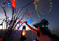 Girl searching with her kerosene lamp looking at Curious Floral Display by Jeff Tangen