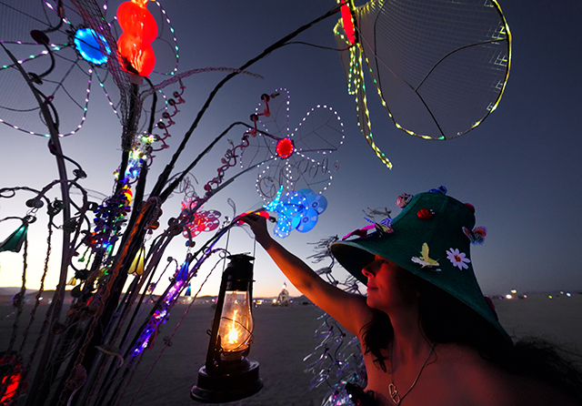 Girl searching with her kerosene lamp looking at Curious Floral Display by Jeff Tangen