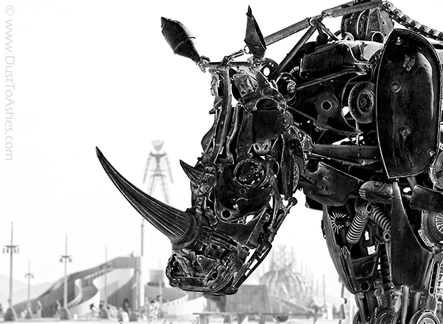 Art sculpture made of completely recycled and repurposed metal materials and parts. This art sculpture is called Rhinoceros by Barry Crawford