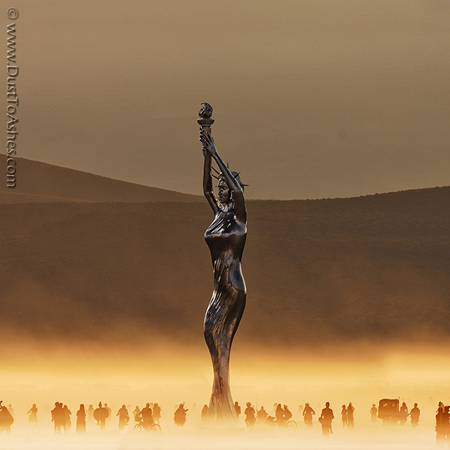 Large polished metal installation of Statue of Liberty by Michael Benisty. 