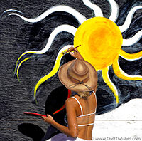 Woman painting the picture of Sun on center camp fence