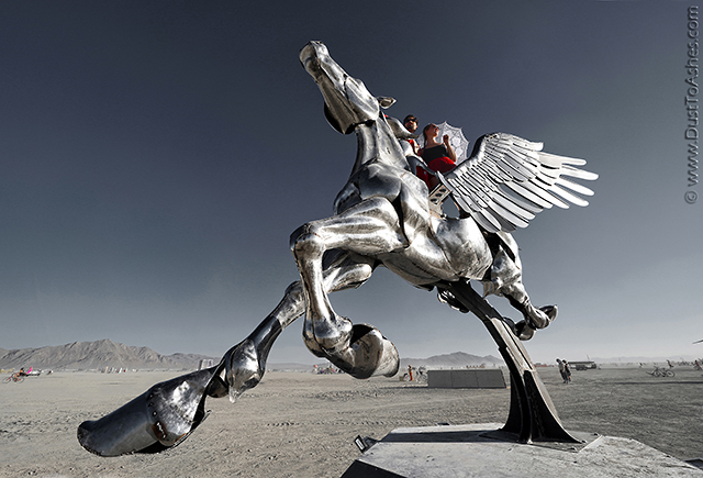 Metal art installation of Pegasus called Nebula Rider, Goldie and Minnie by Adrian Landon